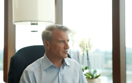 Chief Executive of Russian bank Sberbank German Gref is seen during an interview at his office in Moscow, Russia May 17, 2018. REUTERS/Maxim Shemetov