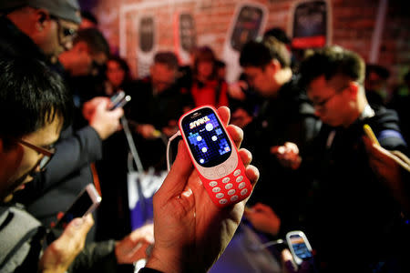 FILE PHOTO: Nokia 3310 device is displayed after its presentation ceremony at Mobile World Congress in Barcelona, Spain, February 26, 2017. REUTERS/Paul Hanna/File Photo