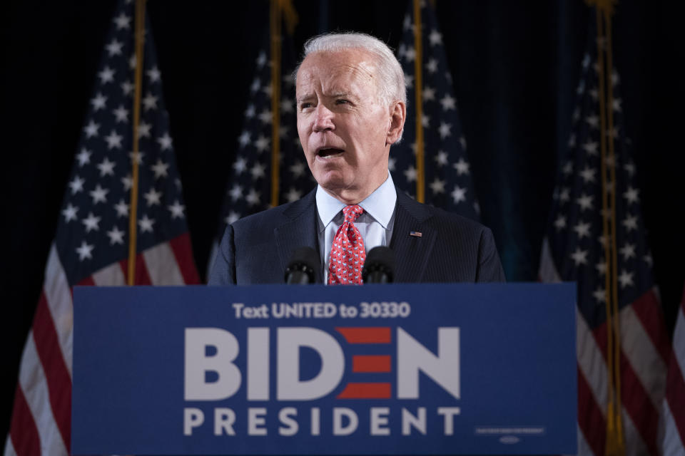 Former Vice President Joe Biden delivering remarks about the coronavirus outbreak on March 12. (Photo: Drew Angerer/Getty Images)