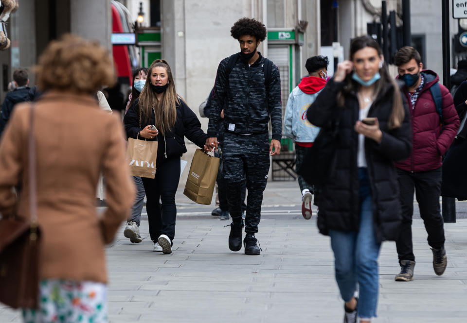 Shoppers on Oxford Street, London on Wednesday 21st April 2021.  (Photo by Tejas Sandhu/MI News/NurPhoto via Getty Images)