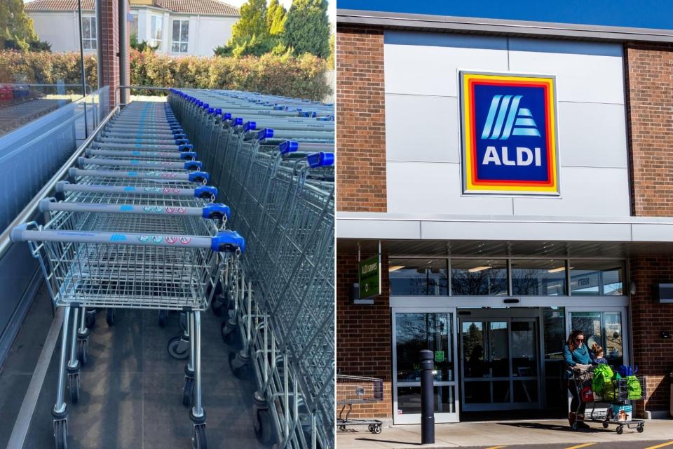 Aldi smaller trolleys lined up outside supermarket