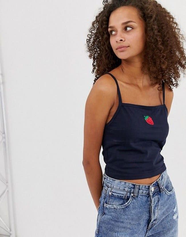 Daisy Street Cami Crop Top with Strawberry Embroidery