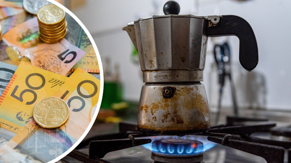 Australian money notes and gas stove cooking coffee