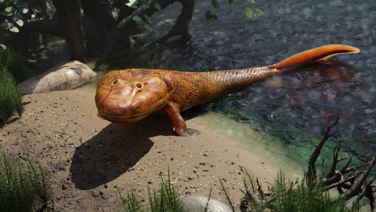 Representación en 3D del tiktaalik, un pez caminante extinguido. <a href="https://www.shutterstock.com/es/image-illustration/tiktaalik-extinct-walking-fish-evolution-fourlegged-2174506489" rel="nofollow noopener" target="_blank" data-ylk="slk:Shutterstock / Dotted Yeti;elm:context_link;itc:0;sec:content-canvas" class="link ">Shutterstock / Dotted Yeti</a>