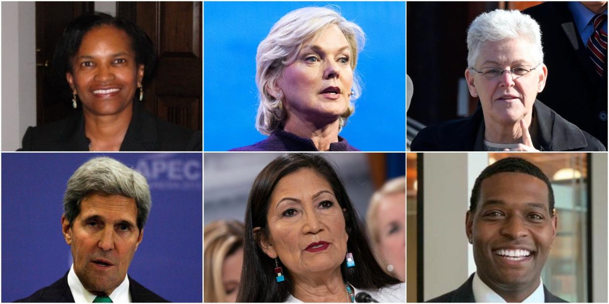 Biden’s climate and energy team. Clockwise from top left: Brenda Mallory, Jennifer Granholm, Gina McCarthy, Michael Regan, Deb Haaland, and John Kerry.