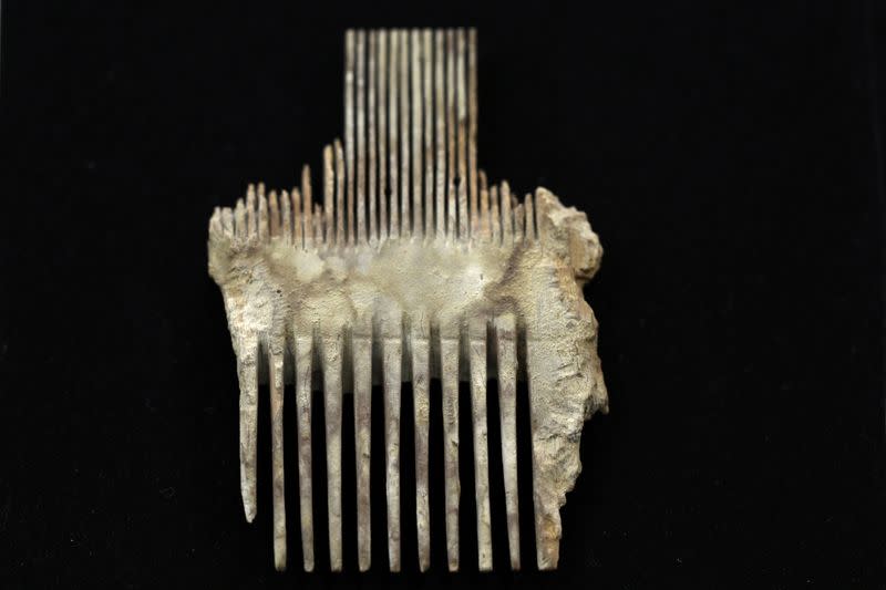 An ancient comb, part of various artefacts recently discovered in the Judean Desert caves along with scroll fragments of an ancient biblical texts, is seen during an unveiling event for media at Israel Antiquities Authority laboratories in Jerusalem