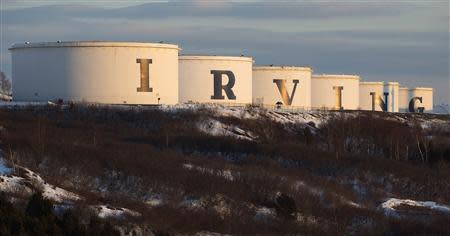 Storage containers at the Irving Oil refinery are seen in Saint John, New Brunswick, March 8, 2014. The refinery, built by the Irving family in 1960, is the largest refinery in Canada. REUTERS/Devaan Ingraham