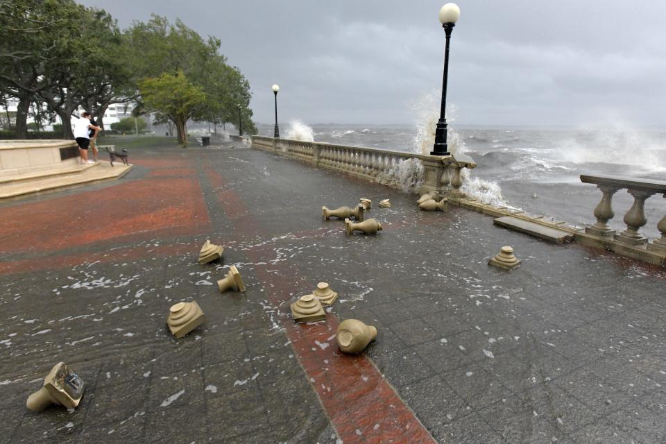 Broken balustrades are scattered in Riverside's Memorial Park as water breaks over the seawall as residents of Northeast Florida were feeling the effects of Hurricane Idalia on Aug. 30. By noon about a quarter to a third of the balustrades had been destroyed by the storm driven waves.