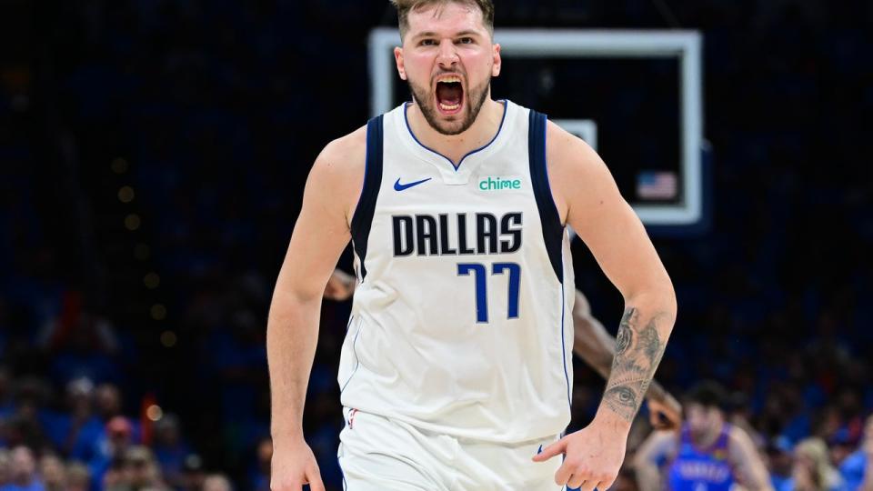 <div>OKLAHOMA CITY, OKLAHOMA - MAY 09: Luka Doncic #77 of the Dallas Mavericks reacts during the fourth quarter against the Oklahoma City Thunder in Game Two of the Western Conference Second Round Playoffs at Paycom Center on May 09, 2024 in Oklahoma City, Oklahoma. (Photo by Joshua Gateley/Getty Images)</div>