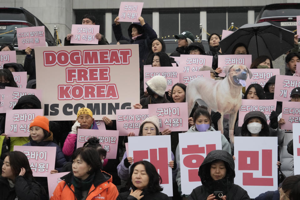 Animal rights activists attend a protest rally supporting the government-led dog meat banning bill at the National Assembly in Seoul, South Korea, Tuesday, Jan. 9, 2024. South Korea's parliament on Tuesday passed a landmark ban on production and sales of dog meat, as public calls for a prohibition have grown sharply over concerns about animal rights and the country's international image. (AP Photo/Ahn Young-joon)