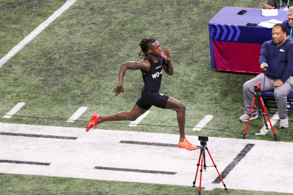 Xavier Worthy of Texas sets the NFL Scouting Combine 40-yard dash record at Lucas Oil Stadium on March 2, 2024, in Indianapolis, Indiana. / Credit: Kara Durrette / Getty Images