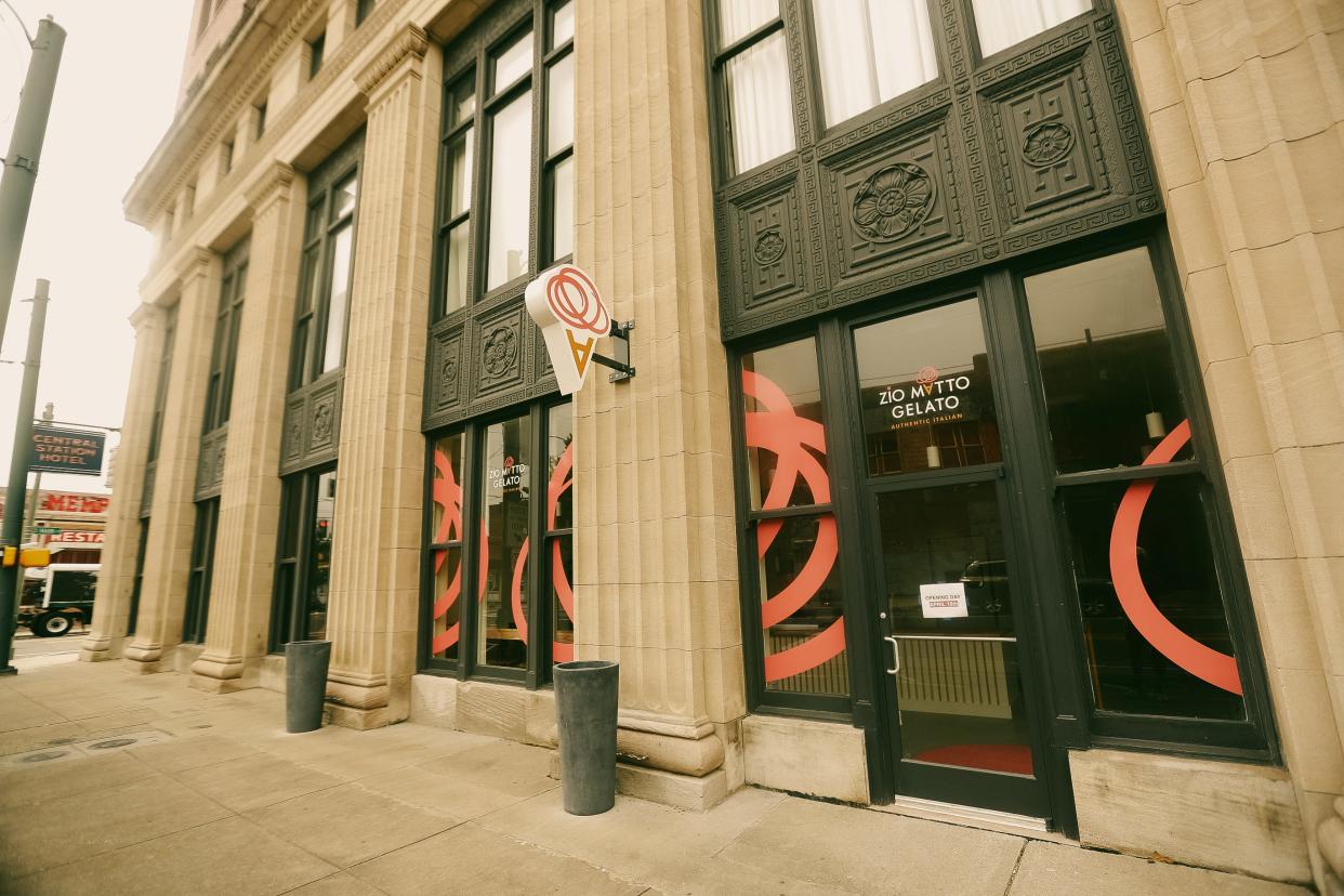 The exterior of Zio Matto Gelato can be seen on Wednesday, April 17, 2024 at the Central Station Hotel in Memphis, Tenn.