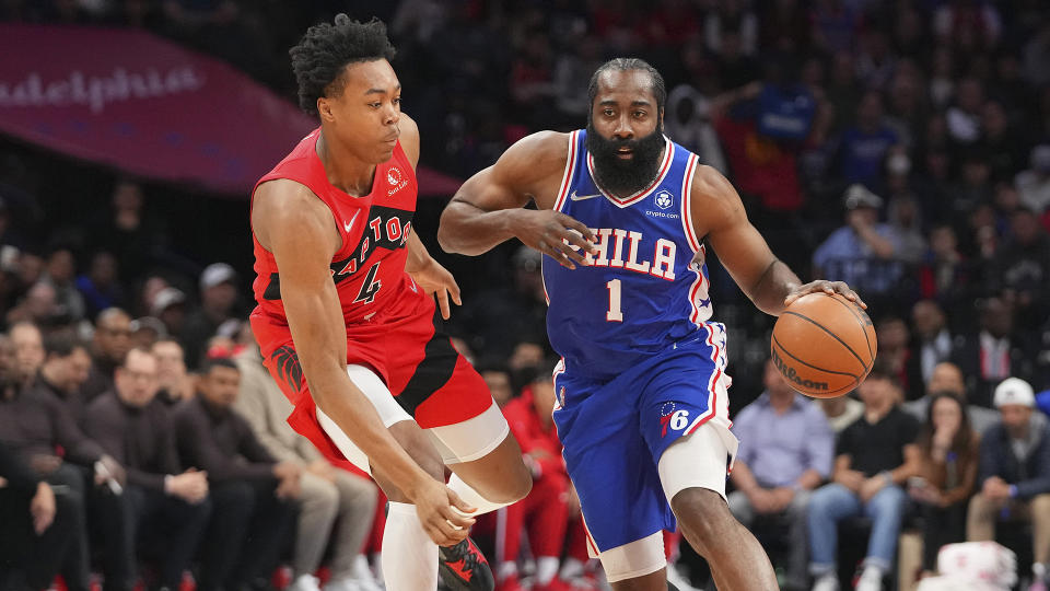 Scottie Barnes, left, will be key to the Raptors' success in their playoff series against the 76ers. (Photo by Mitchell Leff/Getty Images)