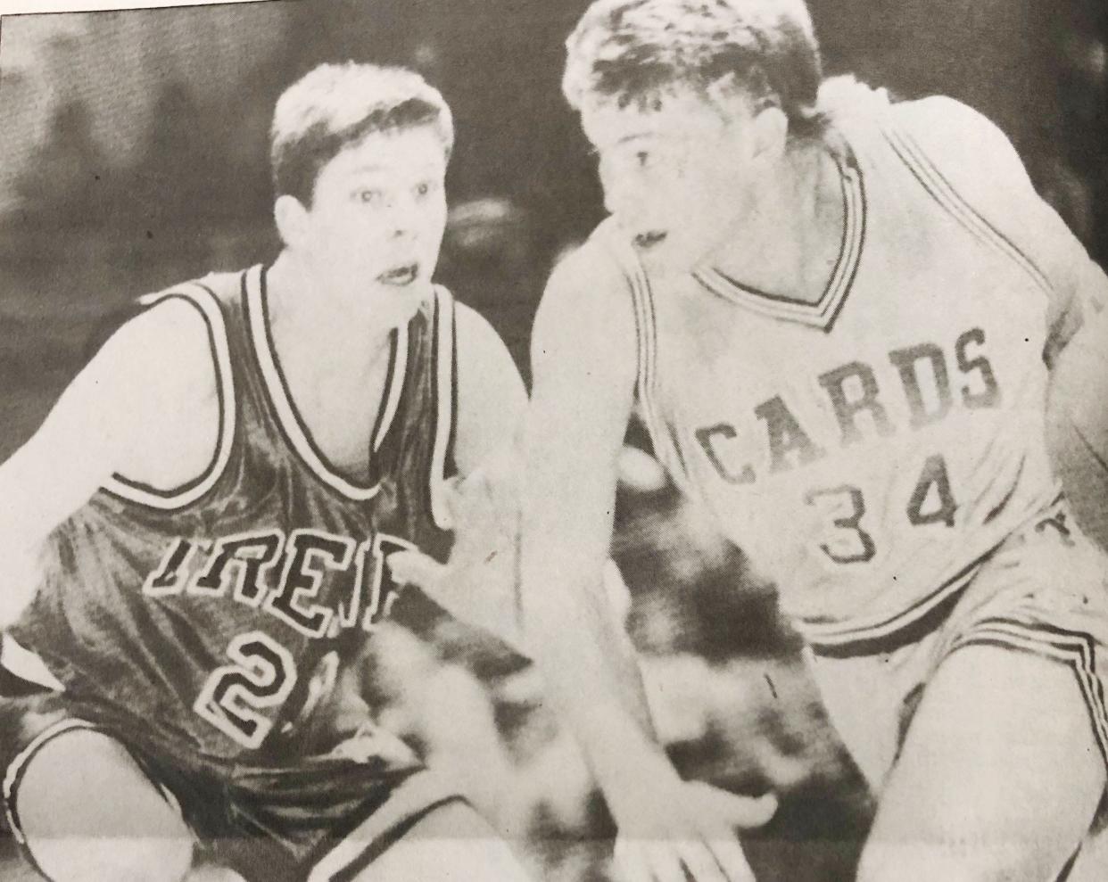 Harrold's Eric Lappe (right) drives past Irene's Joe Sees during their semifinal game in the 1992 state Class B boys basketball tournament. Underdog Harrold then defeated Warner in the championship game. Lappe later taught and coached at Wilmot High School.