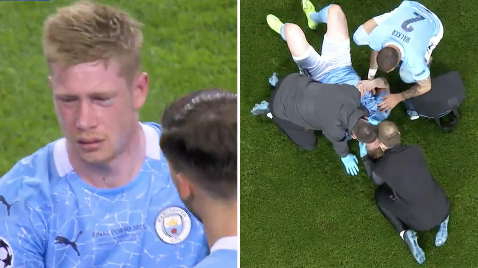 Manchester City captain Kevin De Bruyne was in tears after a head knock saw him forced from the field in the second half of the Champions League final against Chelsea. Pictures: Twitter