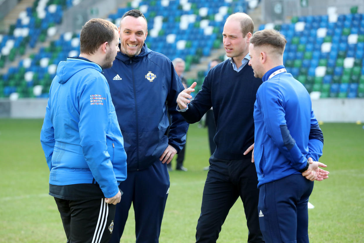 The Duke of Cambridge learned about the Irish Football Association’s programmes to help youngsters at Windsor Park stadium in Belfast [Photo: Getty]