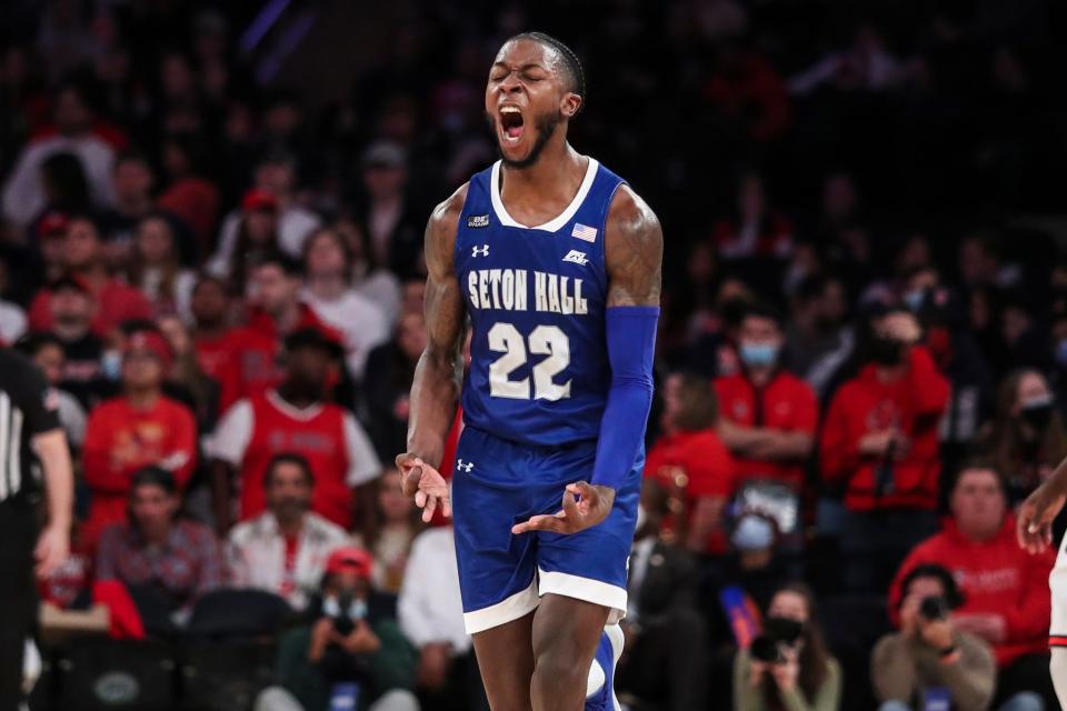 Seton Hall's Myles Cale reacts after hitting a three-pointer in the second half against St. John's on Saturday at Madison Square Garden.