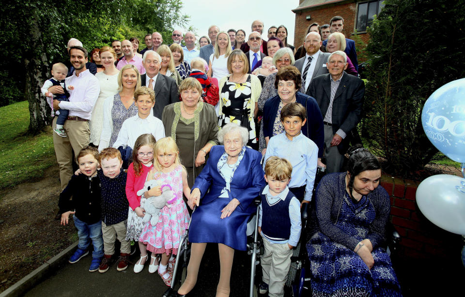 Elizabeth McLaughlin celebrated her 100th birthday in 2017 with her son and  seven daughters, 18 grandchildren and 13 great-grandchildren at Christ the King Parish Hall in Glasgow.  (SWNS)