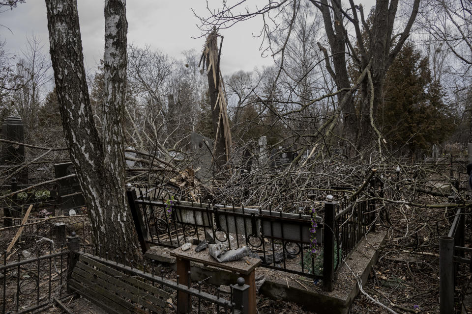 Tombstones and trees destroyed by a Russian missile