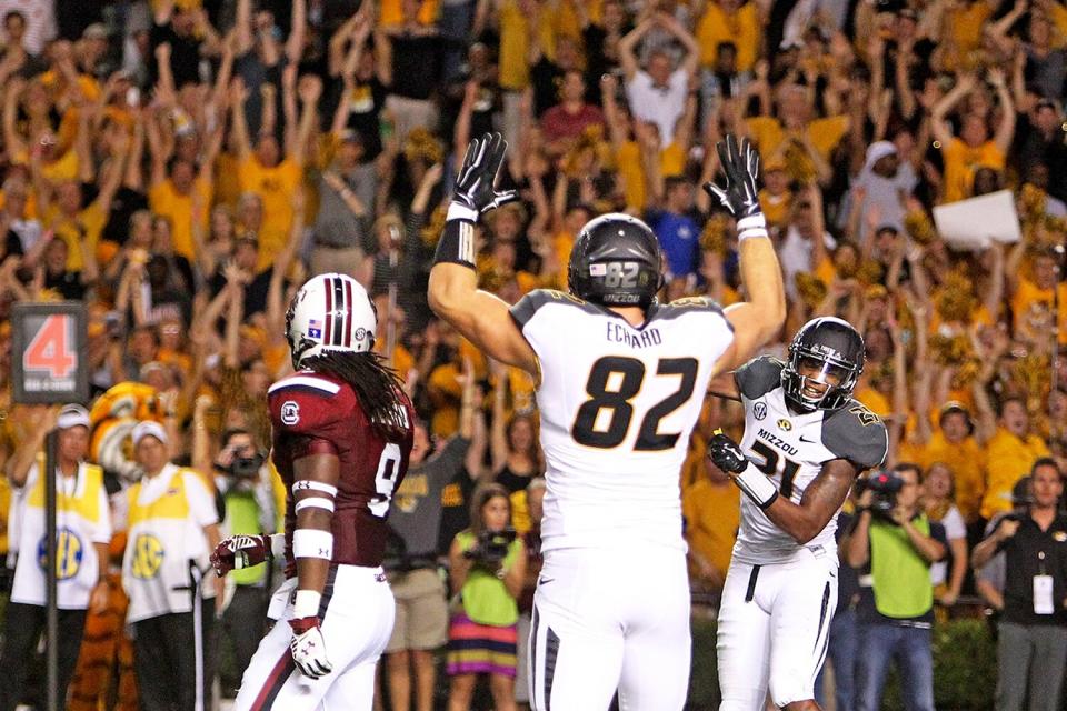 South Carolina linebacker Sharrod Golightly (9) reacts as Missouri tight end Clayton Echard (82) and wide receiver Bud Sasser (21) celebrate A touchdown at Williams-Brice Stadium on Sept. 27, 2014, in Columbia, South Carolina.