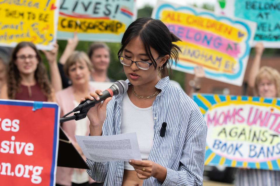 Sarah Zhang, a Central Bucks East graduate, speaks at a press conference held prior to a Central Bucks school board meeting in Doylestown Township on Tuesday, July 26, 2021, where school board directors were expected to vote on proposed library policy which opponents have called a pathway to book bans. "(In school) we were learning that our voices and our stories mattered," said Zhang.