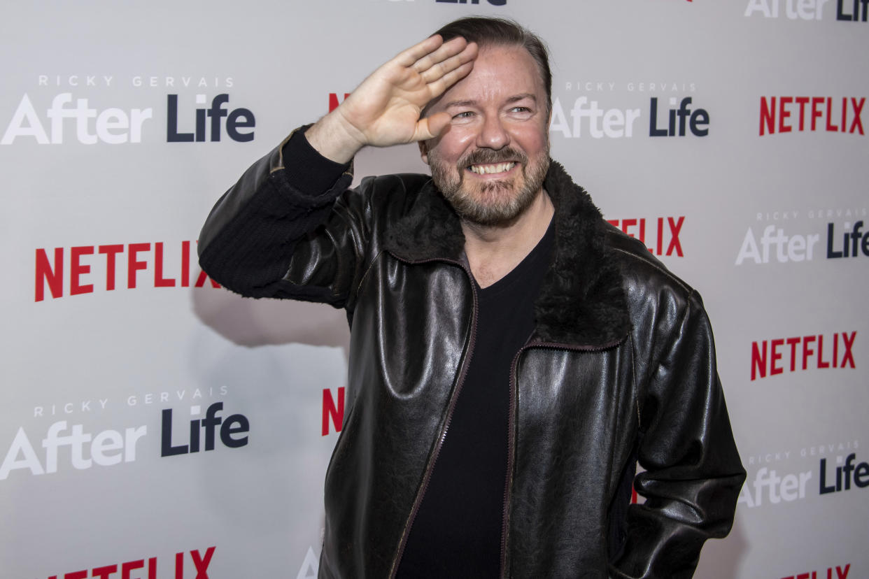 Ricky Gervais attends a screening of Netflix's "After Life" at the Paley Center for Media on Thursday, March 7, 2019, in New York. (Photo by Charles Sykes/Invision/AP)