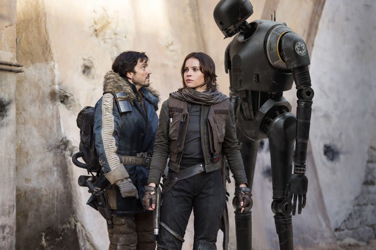 Diego Luna, Felicity Jones, and K-2SO in Rogue One