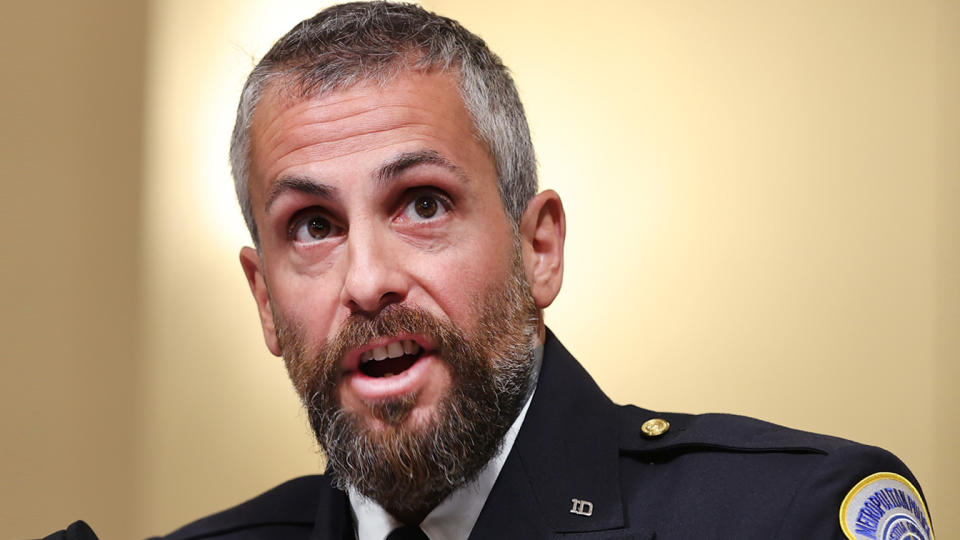 DC Metropolitan Police Officer Michael Fanone testifies before the House Select Committee investigating the January 6 attack on the U.S. Capitol on July 27, 2021 at the Canon House Office Building in Washington, DC. (Chip Somodevilla/Getty Images)