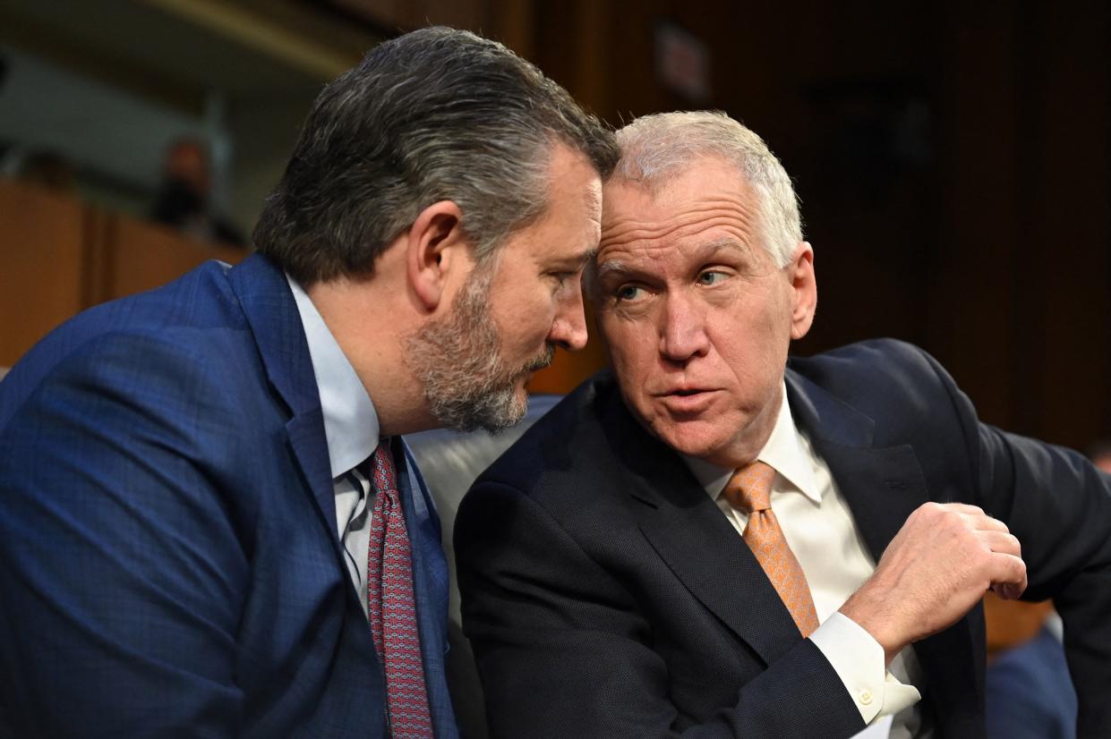 U.S. Senator Ted Cruz (L), R-TX, speaks with U.S. Senator Thom Tillis (R), R-NC, as Judge Ketanji Brown Jackson testifies during the third day of her confirmation hearing before the Senate Judiciary Committee in the Hart Senate Office Building on Capitol Hill on March 23, 2022, in Washington, DC.