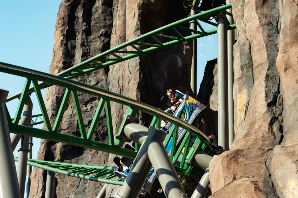 The first riders ride Lagoon’s new ride, Primordial, on its opening day at the amusement park in Farmington on Friday, Sept. 15, 2023. | Megan Nielsen, Deseret News