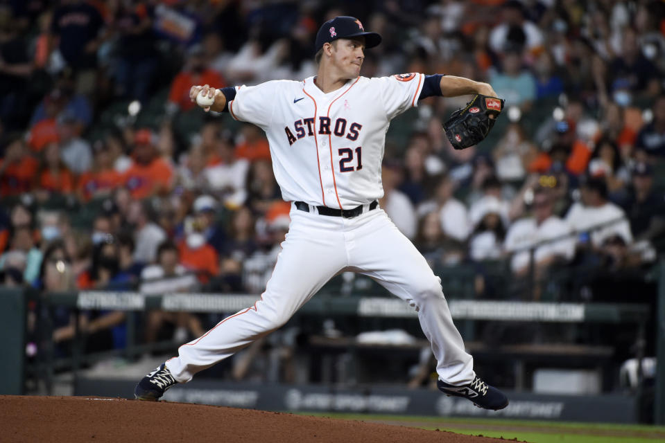 Houston Astros starting pitcher Zack Greinke delivers during the first inning of the team's baseball game against the Toronto Blue Jays, Sunday, May 9, 2021, in Houston. (AP Photo/Eric Christian Smith)