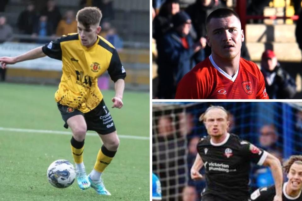 Kai Nugent, left, started in Annan's dramatic draw with Falkirk, while Jake Allan, top right, was in the Workington Reds side. Bottom right, Kyle Dempsey was among the ex-Blues on the scoresheet this weekend <i>(Image: Joe Saunders / Ben Challis / PA)</i>