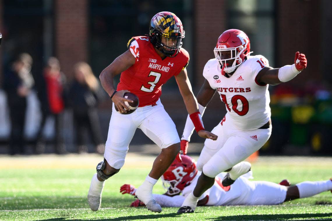 Maryland quarterback Taulia Tagovailoa (3) in action during the first half of an NCAA college football game against Rutgers, Saturday, Nov. 26, 2022, in College Park, Md. (AP Photo/Nick Wass)