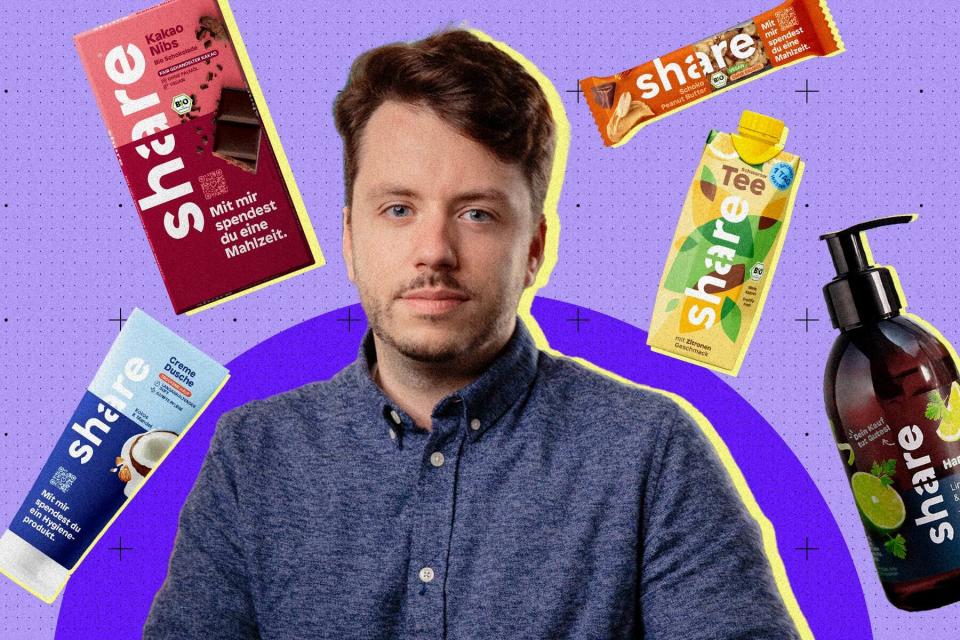 Ben Unterkofler hat 2017 das Impact-Startup Share mitgegründet. Im Handel haben sich ihre Snacks und Pflegeprodukte, die an Hilfsprojekte spenden, fest etabliert.  - Copyright: Share, Collage: Dominik Schmitt