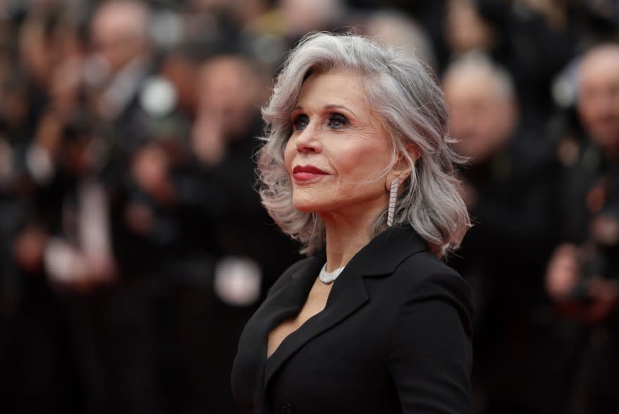 Jane Fonda in a black suit attending the 'Le Deuxieme Acte' screening and opening ceremony of the 77th Cannes Film Festival