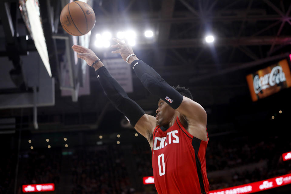 Houston Rockets' Russell Westbrook shoots during the first half of the team's NBA basketball game against the Utah Jazz on Saturday, Feb. 22, 2020, in Salt Lake City. (AP Photo/Kim Raff)