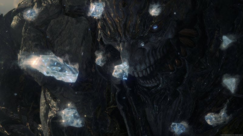 A Final Fantasy 16 enemy growls as ice shards hurl at its face.