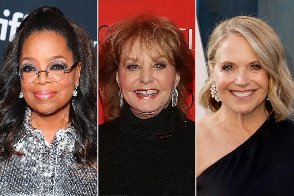 Oprah Winfrey attends the "Sidney" Premiere; Barbara Walters attends the 2015 Time 100 Gala; Katie Couric attends the 2022 Vanity Fair Oscar Party