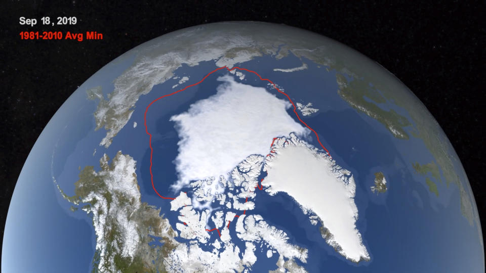 This image from video provided by NASA shows the likely 2019 minimum extent of ice in the Arctic Sea on Sept. 18, 2019, compared with the average minimum from 1981-2010. Articles circulating online in early October 2019 wrongly suggest that NASA has rejected human responsibility for climate change and, instead, attributed the phenomenon to variations in Earth’s axis and tilt. “Oh for heaven’s sake,” Kate Marvel, a research scientist for NASA, said in an email response to the claim. She told The Associated Press that scientists at the federal agency believe as much as 100 percent of current warming could be caused by greenhouse gas emissions, which humans have “emitted a lot of.” (Trent Schindler/NASA via AP)