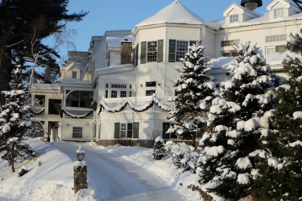 Snow covers the Mirror Lake Inn in Lake Placid, New York, U.