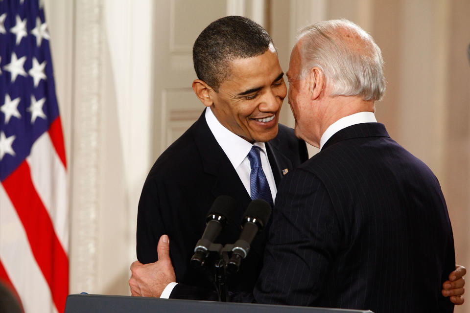 WASHINGTON - MARCH 23:  U.S. President Barack Obama (L) is embraced by Vice President Joe Biden before signing the Affordable Health Care for America Act during a ceremony in the East Room of the White House March 23, 2010 in Washington, DC. Biden was heard on an open microphone during this exchange telling the president, 