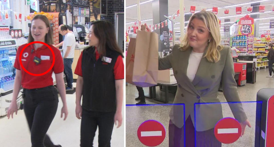 Left, a Coles worker can be seen wearing a body cam (left) and a woman standing unable to get out of the checkout gate (right). 