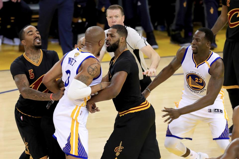 <p>David West #3 of the Golden State Warriors and Tristan Thompson #13 of the Cleveland Cavaliers get into an altercation after a play in Game 5 of the 2017 NBA Finals at ORACLE Arena on June 12, 2017 in Oakland, California. </p>