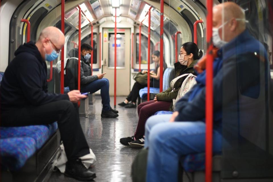 Passengers wear face masks on a Central Line underground train in London, after the announcement of plans to bring the country out of lockdown (Victoria Jones/PA) (PA Archive)