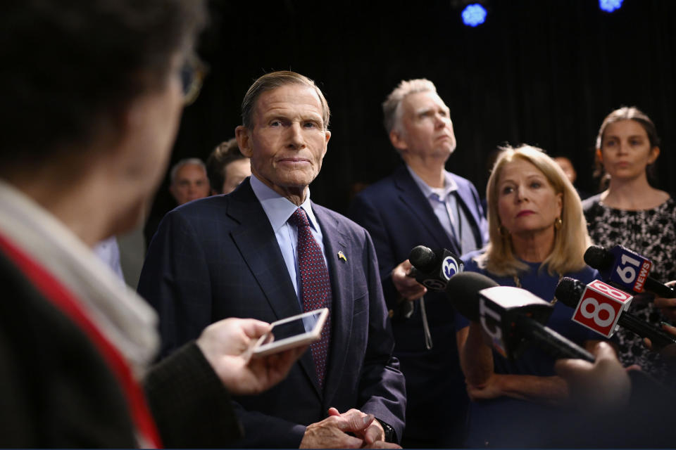 U.S. Sen. Richard Blumenthal, D-Conn., answers questions from the media after a debate in Rocky Hill, Conn., Wednesday, Nov. 2, 2022. (AP Photo/Jessica Hill)