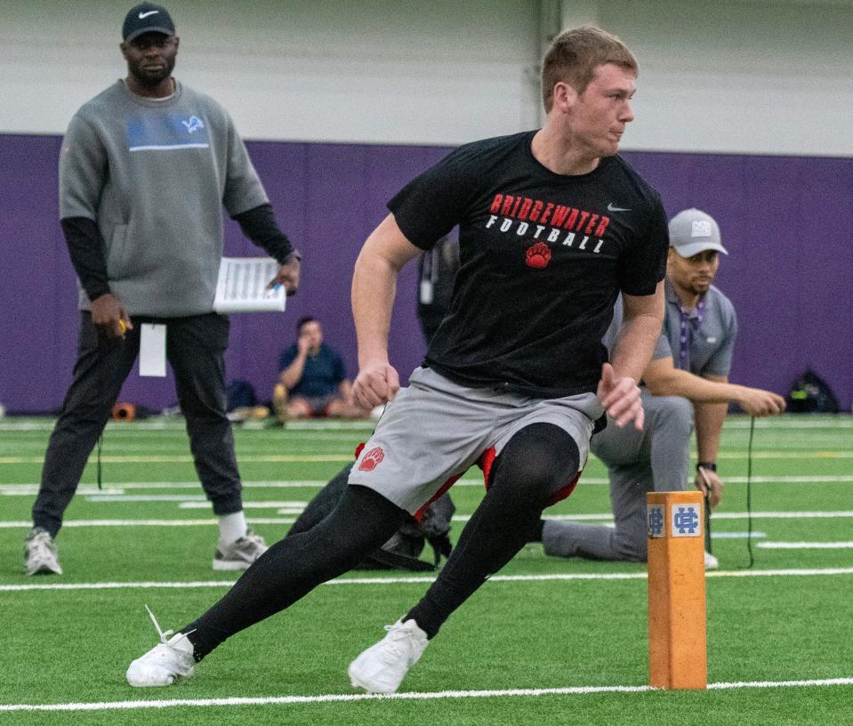 WORCESTER - Bridgewater State’s James Cahoon runs through drills during NFL Pro Day at College of the Holy Cross Thursday, March 21, 2024.