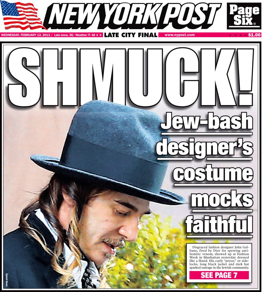 In 2013, Galliano sparked outrage again when he wore a long jacket, hat and curled sidelocks resembling the “peyos” hairstyle worn by Hasidic men to attend de la Renta’s New York Fashion Week show. rico