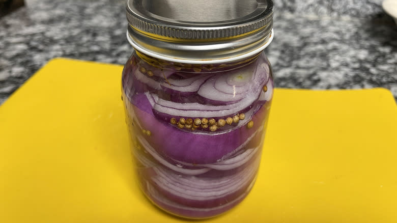 pickled red onions in jar