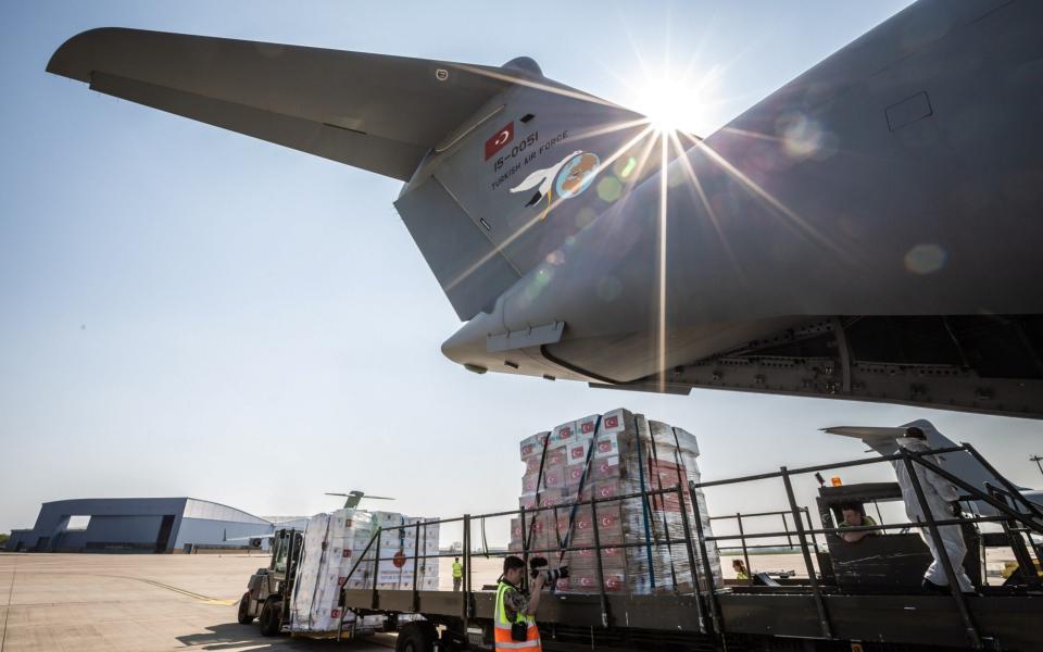 PPE supplies from Turkey are unloaded at RAF Brize Norton in April