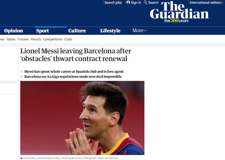 El diario británico The Guardian citó los obstáculos comunicados por el Barcelona como el motivo de la salida de Messi.